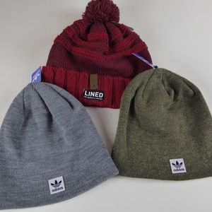 Adidas 3 Beanie Hat Bundle PomPom Lined w Logo NWT